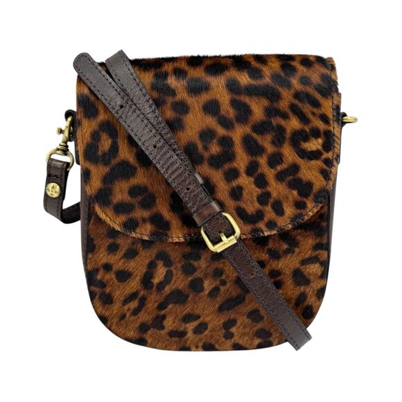 Patricia Nash Leopard Animal Print Calf Half Brown Leather Crossbody Saddle Bag - Picture 1 of 14